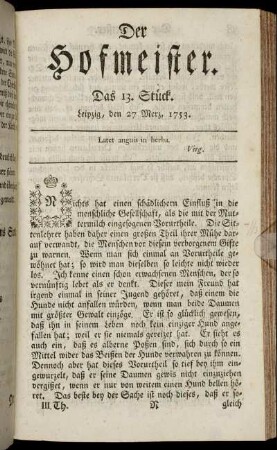 Das 13. Stück. Leipzig, den 27 Merz, 1753.
