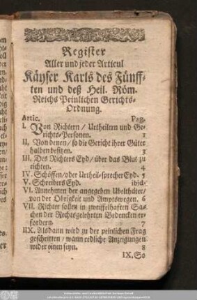 Register Aller und jeder Articul Käyser Karls des Fünfften und deß Heil. Röm. Reichs Peinlichen Gerichtsordnung.