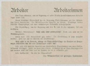 Aufruf an die Arbeiter zur Fortführung des Generalstreiks, "Arbeiter ! Arbeiterinnen !", Aktionsausschuss des geeinigten Proletariats, 12x16 cm