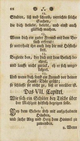 Das VII. Capitel. Wie sich ein Schüler bey Tische über der Mahlzeit höflich bezeigen solle