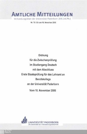 Ordnung für die Zwischenprüfung im Studiengang Deutsch mit dem Abschluss Erste Staatsprüfung für das Lehramt an Berufskollegs an der Universität Paderborn : vom 10. November 2006