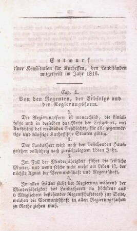 Entwurf einer Konstitution für Kurhessen, den Landständen mitgetheilt im Jahr 1816.
