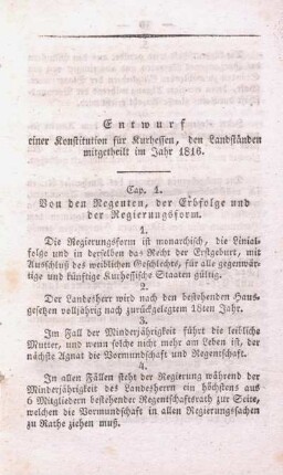 Entwurf einer Konstitution für Kurhessen, den Landständen mitgetheilt im Jahr 1816.