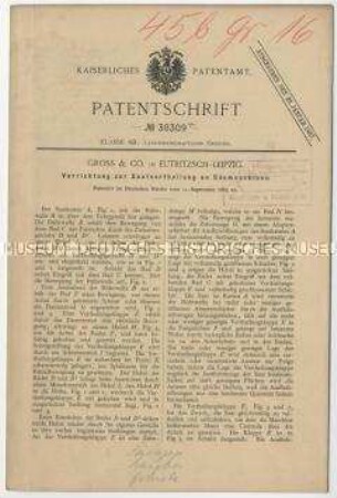 Patentschrift einer Vorrichtung zur Saatverteilung an Sämaschinen, Patent-Nr. 38309