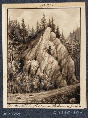 Der Einsiedlerfelsen im Rabenauer Grund, Nr. 39 aus J. F. W. Wegeners Mappe "Die rothe Weißeritz", 2. Teil, von 1837
