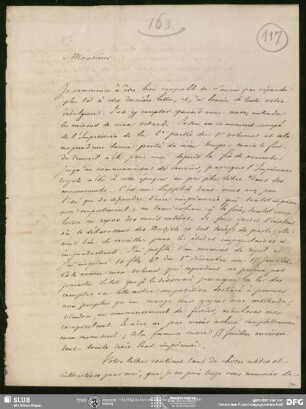 Eigenh. Brief von Eugène Burnouf an August Wilhelm von Schlegel, Paris, 19.01.1835