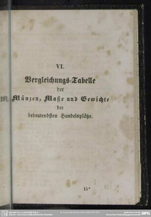 VI. Vergleichungs-Tabelle der Münzen, Maße und Gewichte der bedeutendsten Handelsplätze
