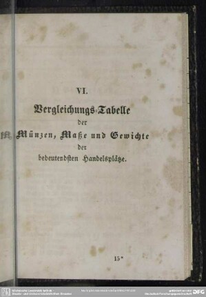 VI. Vergleichungs-Tabelle der Münzen, Maße und Gewichte der bedeutendsten Handelsplätze