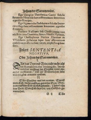 Folget Sententia Negativa, Oder Irthum der Sacramentirer.