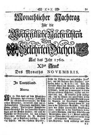Monathlicher Nachtrag [...] XItes Stuck Des Monaths Novembris