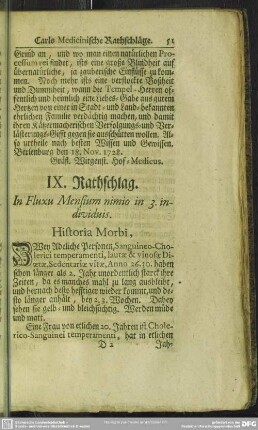 IX. Rathschlag. In Fluxu Mensium nimio in 3. individuis