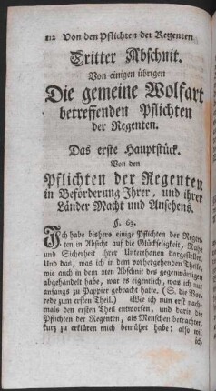 Dritter Abschnit. Von einigen übrigen Die gemeine Wolfart betreffenden Pflichten der Regenten.