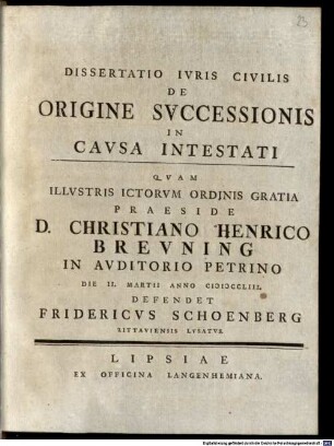 Dissertatio Ivris Civilis De Origine Svccessionis In Cavsa Intestati