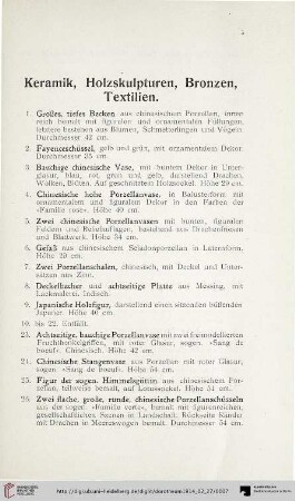 Keramik, Holzskulpturen, Bronze, Textilien (Nr. 1-188)