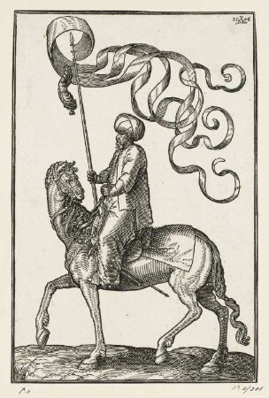 Reiter nach links mit dreigeschlitzter Fahne, aus: Melchior Lorch, "Des Weitberühmten Kunstreichen und Wolerfahrnen herrn Melchior Lorichs, Flensburgensis Wolgerissene und geschnittene Figuren zu Ross und Fuss sampt schönen Türkischen Gebäuden und allerhand was in der Türkey ze sehen", Hamburg 1626