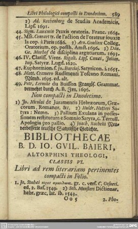 Classis VI. Libri ad rem literariam pertinentes compacti in Folio