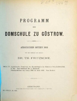 Programm der Domschule zu Güstrow : ausgegeben Ostern ... 1892/93