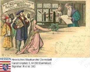 Mainz, 1903 Juni 23 - 26 / 500jährige Geburtstagsfeier Johann Gutenbergs / Szenische Darstellung von Gutenberg mit Buchpresse und Buch 'Die Bibel'