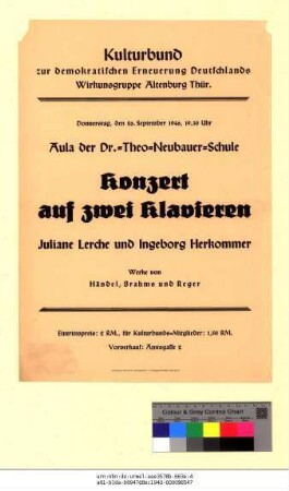 Originaltitel: Konzert auf zwei Klavieren Juliane Lerche und Ingeborg Herkommer Werke von Händel, Brahms und Reger