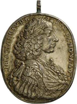 Ovaler Gnadenpfennig auf die militärischen Erfolge König Christian V. von Dänemark und Norwegen, um 1679