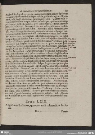 Epist. LXIX. Augustinus Restituto, quaetanus mali tolerandi in Ecclesia