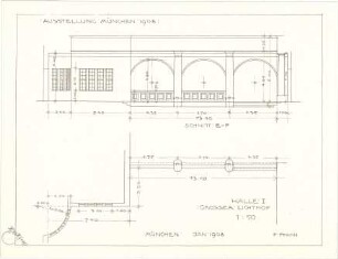 Pfann, Paul; München - Theresienhöhe; Ausstellung München 1908 - Halle I., Großer Lichthof (Teilgrundriss); Wand (Schnitt)