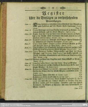 Register Uber die Beylagen zu vorherstehenden Anmerckungen