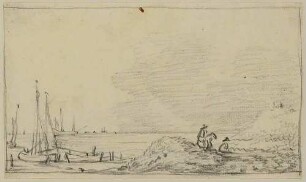 Segelschiff in vollen Segeln, bei stiller See, rechts vorn Ruderboot