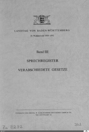15: Landtag Baden-Württemberg, Sprechregister und Gesetzesübersicht, 1988-1992