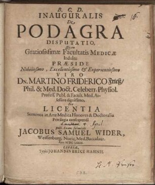 Inauguralis De Podagra Disputatio
