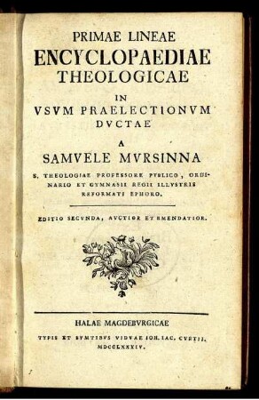 Primae Lineae Encyclopaediae Theologicae In Vsvm Praelectionvm Dvctae