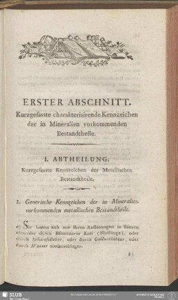 Erster Abschnitt. Kurzgefasste charakterisirende Kennzeichen der in Mineralien vorkommenden Bestandtheile
