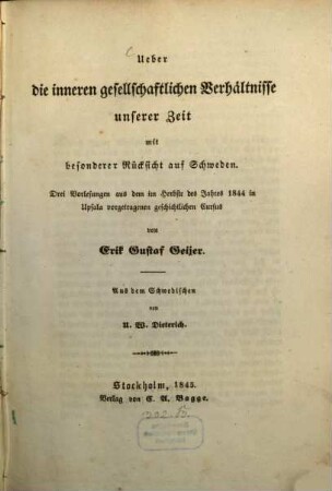 Über die inneren gesellschaftlichen Verhältnisse unserer Zeit mit besonderer Rücksicht auf Schweden