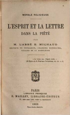L'esprit et la lettre dans la morale religieuse, 1