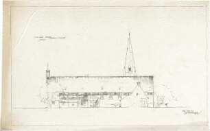 Gsaenger, Gustav; Braunschweig - Lehndorf (Niedersachsen); Ev. Kirche mit Pfarrhaus und Gemeindesaal - Entwurf, Variante - Nordseite (Ansicht)