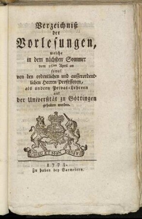 SS 1773: Verzeichnis der Vorlesungen // Georg-August-Universität Göttingen