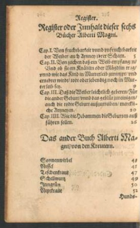 Register oder Innhalt dieser sechs Bücher Alberti Magni.