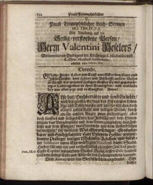 V. Pauli Triumphirlicher Leich-Sermon [...] Mit Anziehung auf die Seelig-verstorbene Person Herrn Valentini Heselers [...]