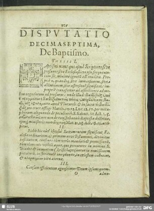 Disputatio Decimaseptima, De Baptismo