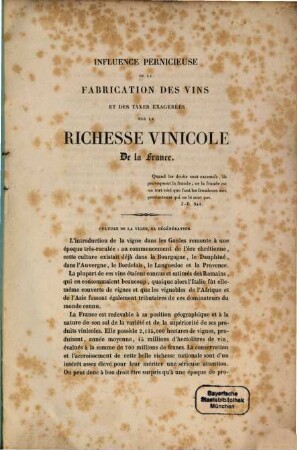 Influence pernicieuse de la fabrication des vins et des taxes exagérées sur la richesse vinicole de la France
