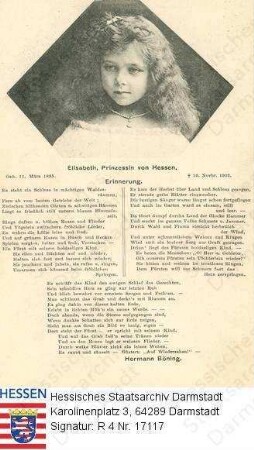 Elisabeth Prinzessin v. Hessen und bei Rhein (1895-1903) / Porträt, Brustbild, darunter Text 'Erinnerung' von Hermann Böning