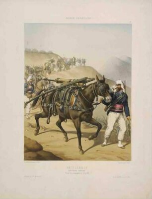 Zug von Gebirgstruppen in algerischen Bergen, Mulis mit Gebirgskanonen, Reiter und Fußsoldaten