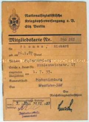 Mitgliedsausweis des Nationalsozialistische Kriegsopferversorgung e.V.