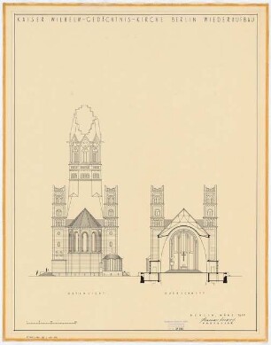 Kaiser-Wilhelm-Gedächtniskirche, Berlin-Charlottenburg: Wiederaufbau, Ostansicht, Querschnitt, 1:200
