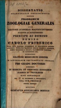 Dissertatio inauguralis physiologica sistens prodromum zoologiae generalis