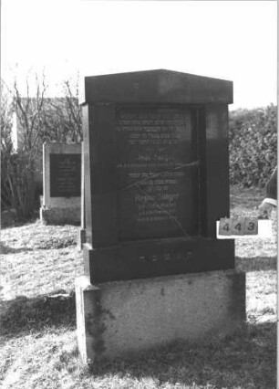 Grabstein 443 (Index: 99786418) Maße HxBxT: 175x94x22 cm Besonderheit: kulturhistorisch wertvoll / hist.-wiss. Gründe (Gemeindestellung); - Doppelgrab für Eheleute: Grabstein 443