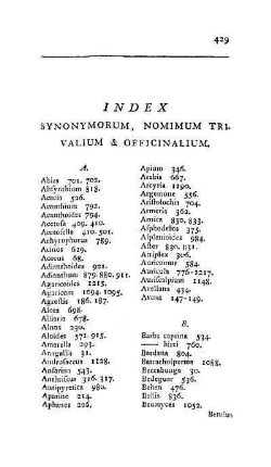 Index synonymorum, nomimum trivalium & officinalium