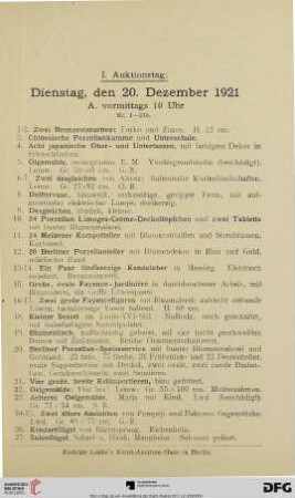 I. Auktionstag: Dienstag, den 20. Dezember 1921 (Nr. 1-484)