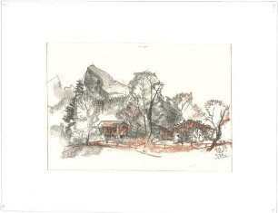 Gsaenger, Gustav; Dietfeld (Bayern); Landschafts- und Gebäudestudien - Häusergruppe, im Hintergrund Berglandschaft (Studie)