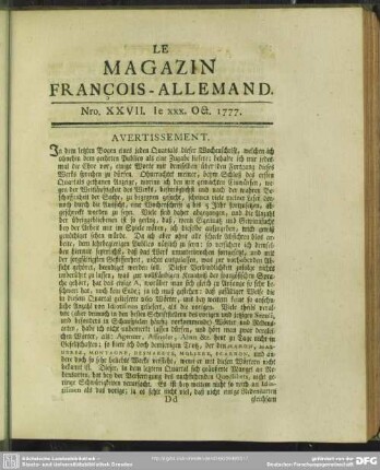 Nro. XXVII. le XXX. Oct. 1777
